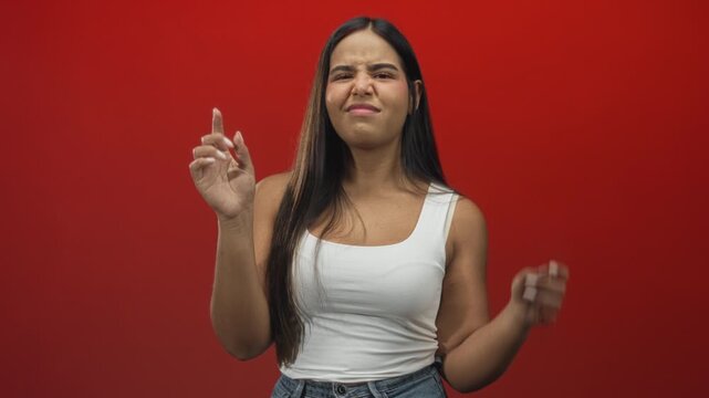 Woman pinches fingers to show tiny amount while moving hands against red studio backdrop; playful teasing.
