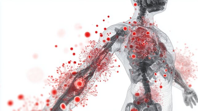 Medical illustration shows effects of autoimmune disease on human body with visible impact areas on a white background