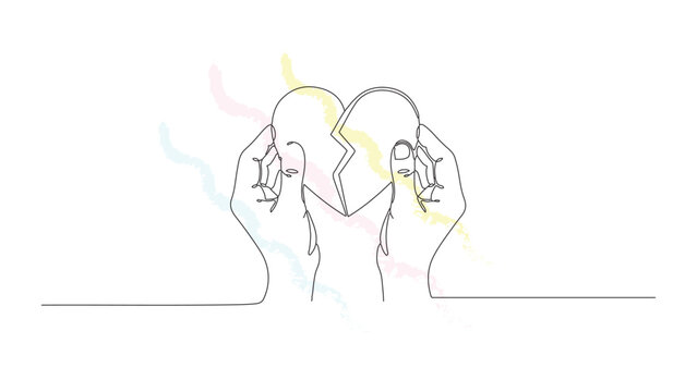 Hands holding broken heart in two pieces, symbolizing sadness, loss, and emotional pain in minimalist art.