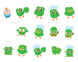 Obraz premium Set of cute green owl cartoon character stickers Vector