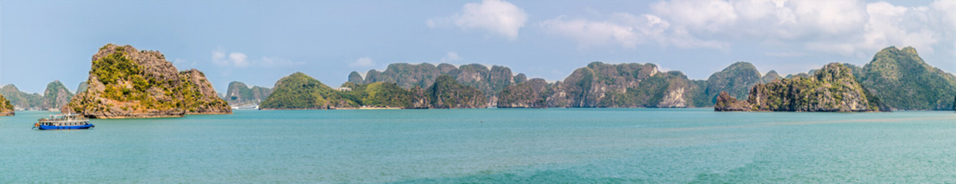 A panorama view of Karst limestone islets in Ha Long Bay, Vietnam in the morning
