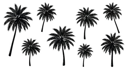 Fototapeta premium Collection of black silhouette palm trees in various sizes and shapes on white background