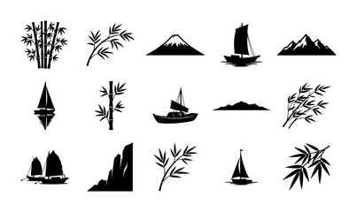 Asian Landscape Icons Set: Bamboo, Mountains, Sailboats, and Traditional Boats in Black and White SVG Graphics for Travel and Culture Themes © PixelArtBox