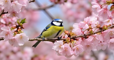 Fototapeta premium Little bird sitting on branch of blossom cherry tree. The blue tit ( Parus caeruleus) 