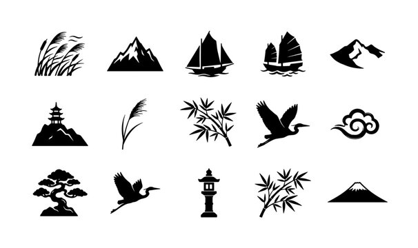 Japanese Icon Set: Mountains, Cranes, Bamboo, Pagodas, Boats, Clouds, and Bonsai Trees for Asian Culture and Travel Graphics