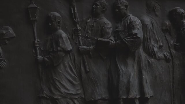 Russia. St. Petersburg, August 8, 2020 Group of statues adorn the side of a building, offering a unique architectural feature