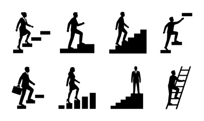 Fototapeta premium Business Growth Icons: Silhouettes of People Ascending Stairs and Ladders, Representing Career Advancement, Success, and Goals