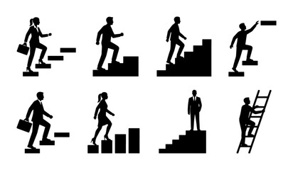 Fototapeta premium Business Growth Icons Set: Silhouettes of People Climbing Stairs and Ladders, Representing Career Advancement, Success, and Progress. SVG Vector Graphics for Corporate Concepts.