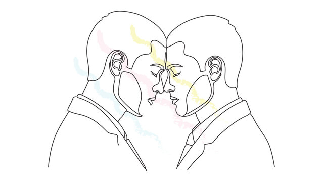 Continuous line drawing of two men touching their foreheads together creating a loving and intimate moment of connection and closeness.