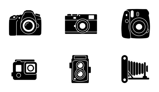 Diverse Camera Icons Set: Vintage, DSLR, Instant, Action, Twin Lens Reflex, and Folding Cameras. Graphic Resources for Photography and Technology.