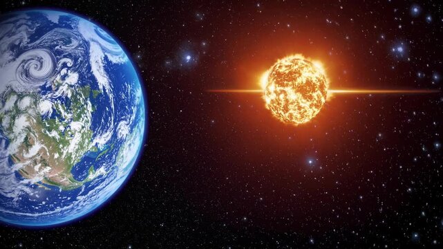 Planet Earth and glowing Sun in deep space. Globe orbiting star in galaxy. Cosmic view of solar system. Scientific model of planetary motion, orbit and gravity.