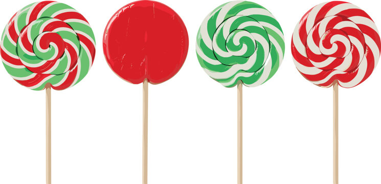 Christmas lollipop candy collection vector set with festive red and green swirl sweets on sticks