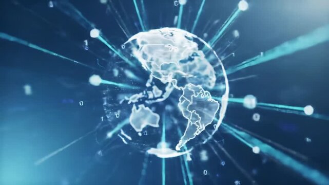 A mesmerizing wide video of a luminous 3D holographic Earth globe rotating, emanating glowing digital data streams, shimmering lines, and binary code, with subtle bokeh in infinite digital space.