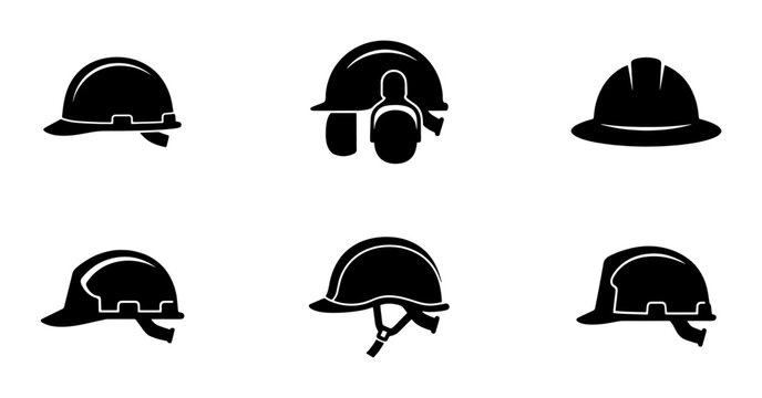 Set of 6 Black Hard Hat Icons, Safety Helmet Symbols, Construction Headwear Vector Graphics for Industrial and Personal Protection