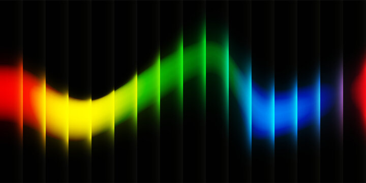 Abstract background featuring a glowing rainbow spectrum wave over black vertical bars. This dynamic vector illustration offers a futuristic audio visualizer feel for modern tech designs