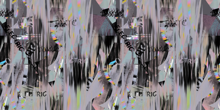 Abstract modern seamless pattern with electricity lettering and vertical digital noise and interference for design and textiles