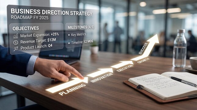 Business strategy roadmap displayed on office table with planning steps and objectives for company growth and development