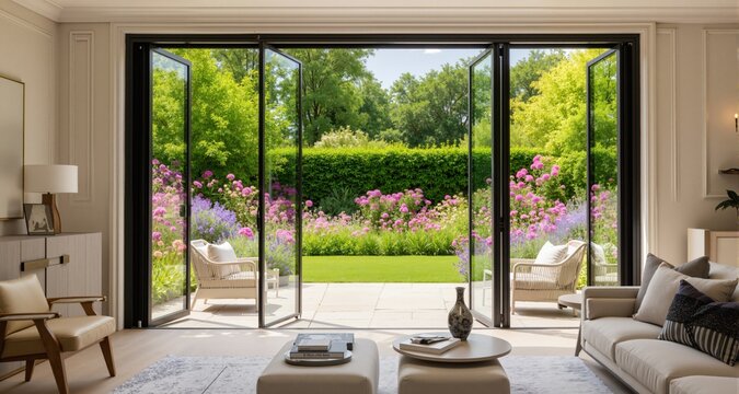 Beautiful garden and patio in summer seen from stylish designer room through bifold doors.
