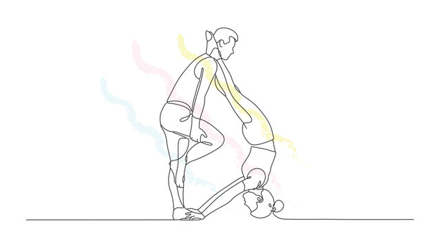 Couple practicing acro yoga with one partner lifting another in acrobatic pose representing physical strength and trust between them.