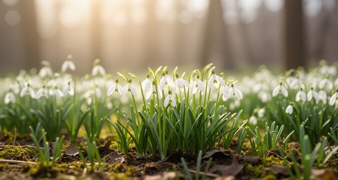 Beautiful gentle spring background with snowdrop flowers in nature.
