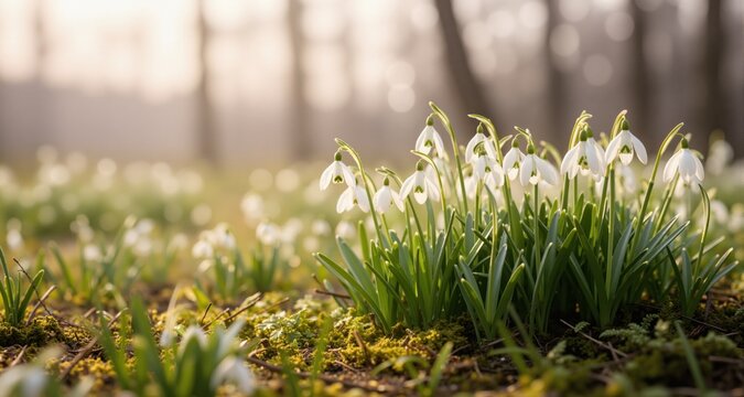 Beautiful gentle spring background with snowdrop flowers in nature.

