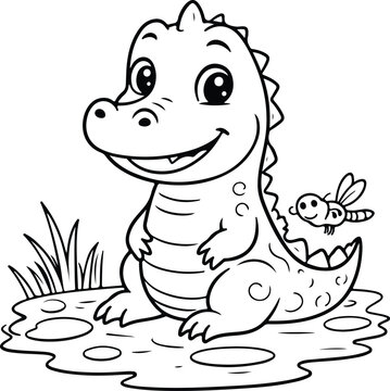 Baby crocodile smiling cute vector line art for coloring