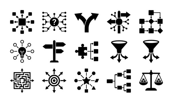 Business Process Flowchart Icons Set, Decision Tree and Strategy Symbols, Workflow and Data Management Graphics, Vector Icons for Analysis and Planning
