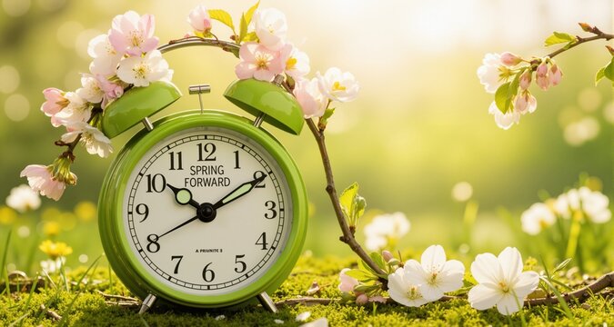 Alarm clock with spring flowers. Spring time, daylight savings concept, spring forward
