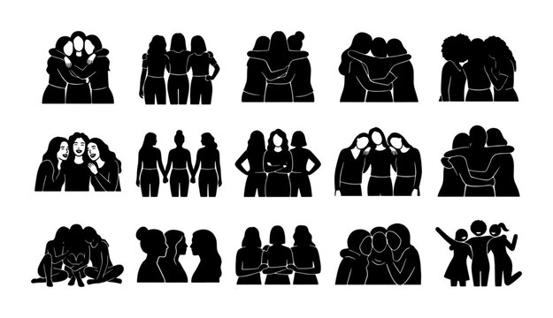 Diverse Women Group Silhouettes, Friendship & Support Icons, Vector Set for Community & Connection Themes