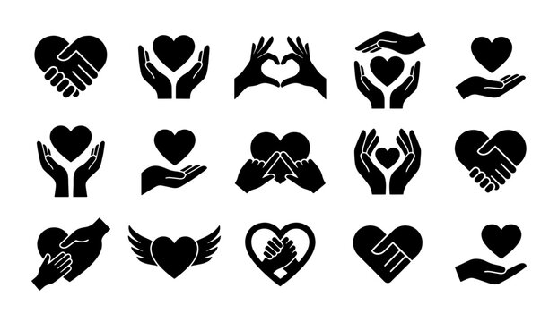 Heart and Hand Icons Set: Love, Care, Support, Charity, Partnership, Friendship, Kindness, Empathy, Connection, Human Relations, Humanism, SVG Graphics