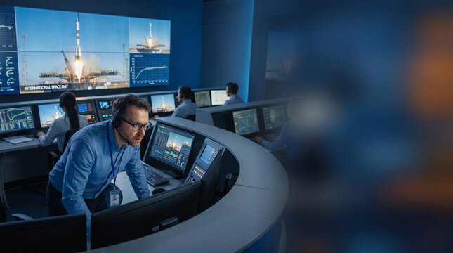 Control room during rocket launch with focused engineer monitoring  
