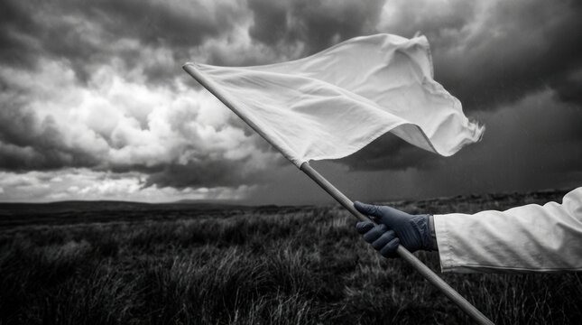 A Person Raises White Flag Amidst Stormy Skies Black And White Photography