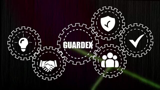 Dynamic corporate strategy concept featuring animated interlocking gear mechanisms with integrated business representing innovation, security, teamwork, and success for