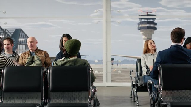 Man running in airport hub to find lost luggage before going to boarding gate. Passenger in airport lounge rushing to recuperate trolley in time before airplane leaves after boarding call