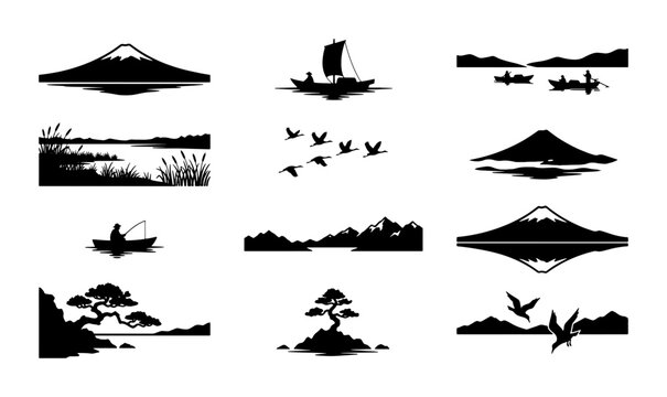 Japanese Landscape Silhouettes: Mountain, Water, Boats, Birds, Bonsai Trees, 12 SVG Elements for Nature Scenes