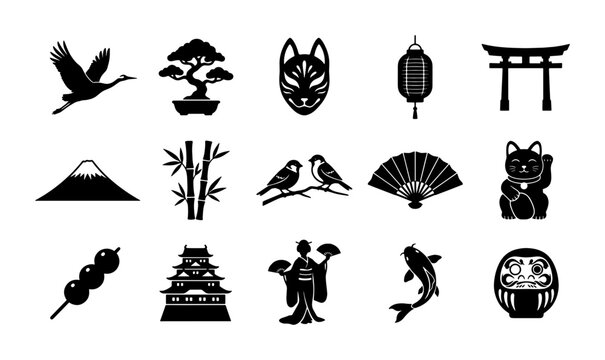Japanese Icons Set: Traditional Symbols, Cultural Elements, and Cultural Icons in SVG Format for Design Projects