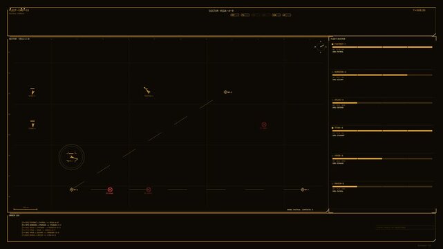 Futuristic tactical fleet command interface with amber grid map and real-time telemetry data