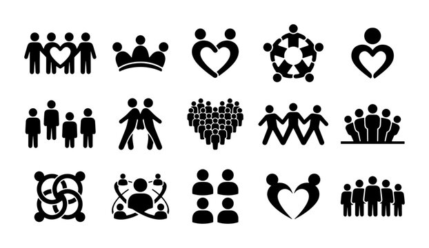 Diverse Community and Teamwork Icons Set, Human Connection and Unity Symbols, Vector Graphics for Social Concepts, Business Collaboration, and Support Networks
