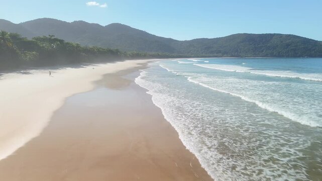 Low altitude flight over the beach of Lopes Mendes on the island of Ilha Grande in Brazil