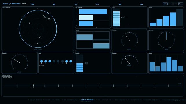 Futuristic Sci-Fi HUD Interface with Telemetry Data Radar and Mission Control Dashboard Graphics
