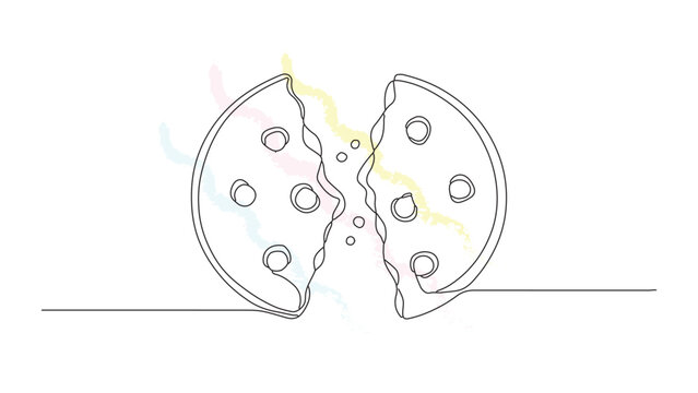 Minimalist continuous line art of broken cookie pieces illustrating separation loss failure food snack dessert crumble snack conceptual.