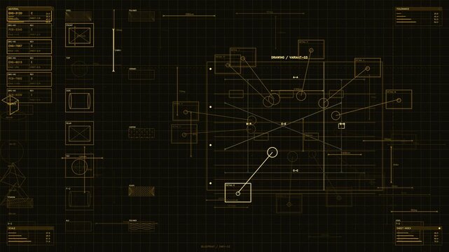 Futuristic Technical Blueprint HUD Interface with Engineering Schematics and Data Visualisation on Grid Background