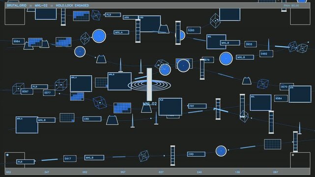 Futuristic HUD interface with complex data visualization telemetry and blue holographic tactical readout display