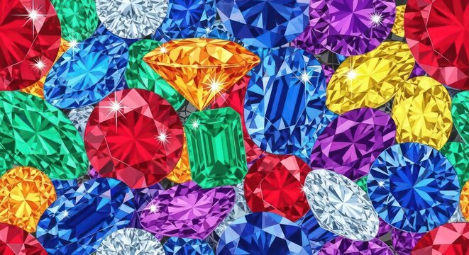 Colorful gemstones and precious jewels scattered.