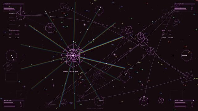 Futuristic HUD interface displaying crystal lattice analysis with rainbow light beams and telemetry data