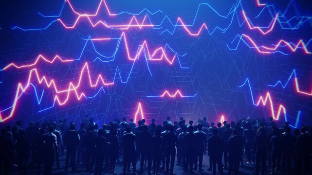 A large group of people observing a complex data visualization of financial trends.