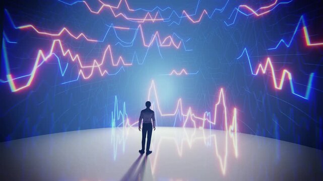 Man standing before a futuristic business data visualization of financial trends.