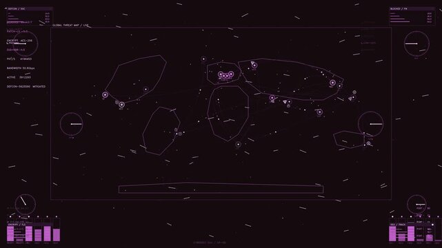 Cybersec SOC interface with global threat map digital telemetry and neon pink data visualization