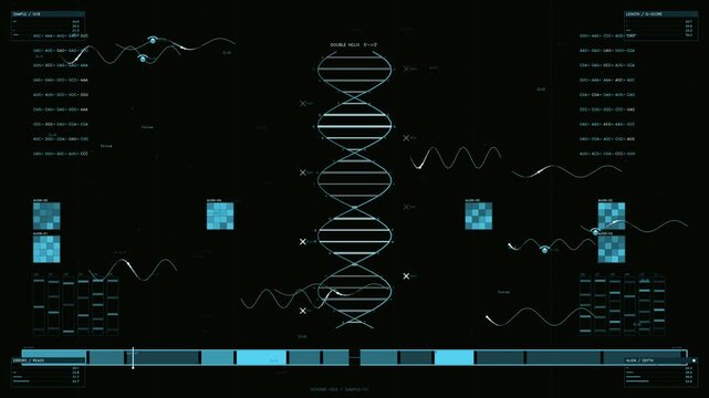 Futuristic DNA genome sequencing interface with double helix visualization and biological data telemetry readout