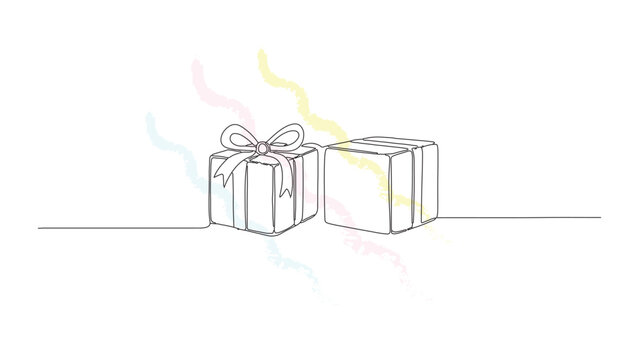 Continuous line art illustration of gift boxes with ribbons and bows representing celebration presents surprises holidays and festivals.